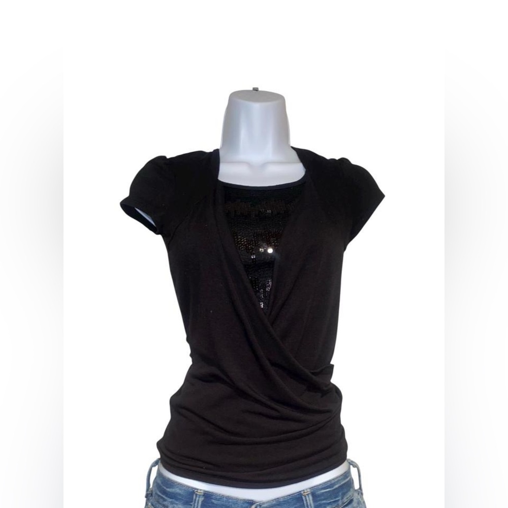 Black y2k wrap style top with sequin detail